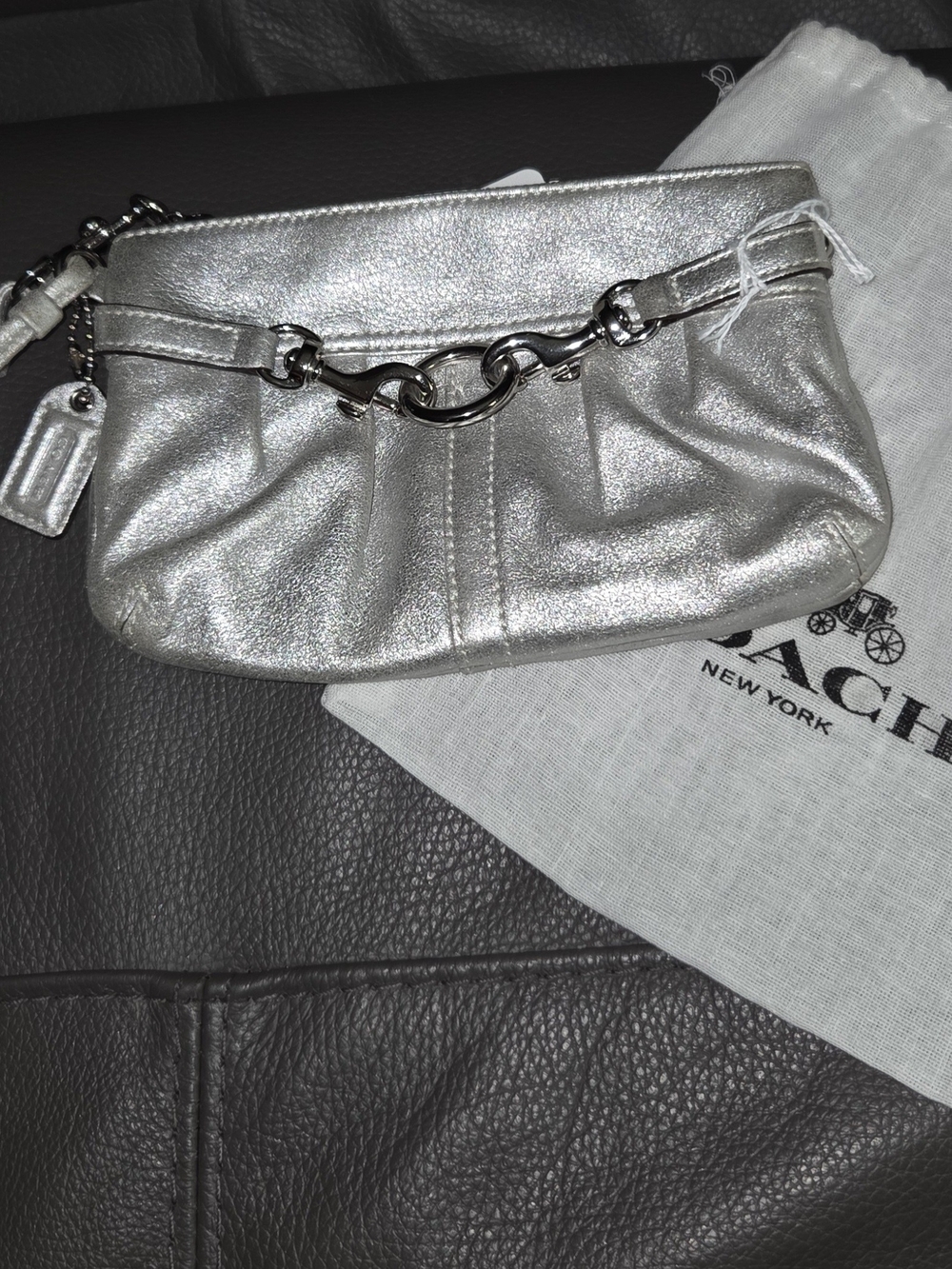 Coach Silver Metallic Wristlet Clutch With Dust Bag